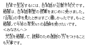 テキスト ボックス: 　日本(にほん)で生活(せいかつ)するには、日本語(にほんご)が必要(ひつよう)不可欠(ふかけつ)です。勉強(べんきょう)は、日本語(にほんご)教室(きょうしつ)の授業(じゅぎょう)をまじめに受(う)けました。「合格(ごうかく)」の字(じ)を見(み)たときはすごく嬉(うれ)しかったです。もっと勉強(べんきょう)して今年(ことし)の年末(ねんまつ)Ｎ１の試験(しけん)を受(う)けたいです。
＜みなさんへ＞
　文法(ぶんぽう)を勉強(べんきょう)して、読解(どっかい)のため速読(そくどく)の力(ちから)をつけることも大事(だいじ)です。

